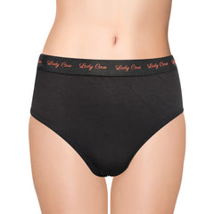 Black women's underwear with 'Lady Care' waistband on a white background