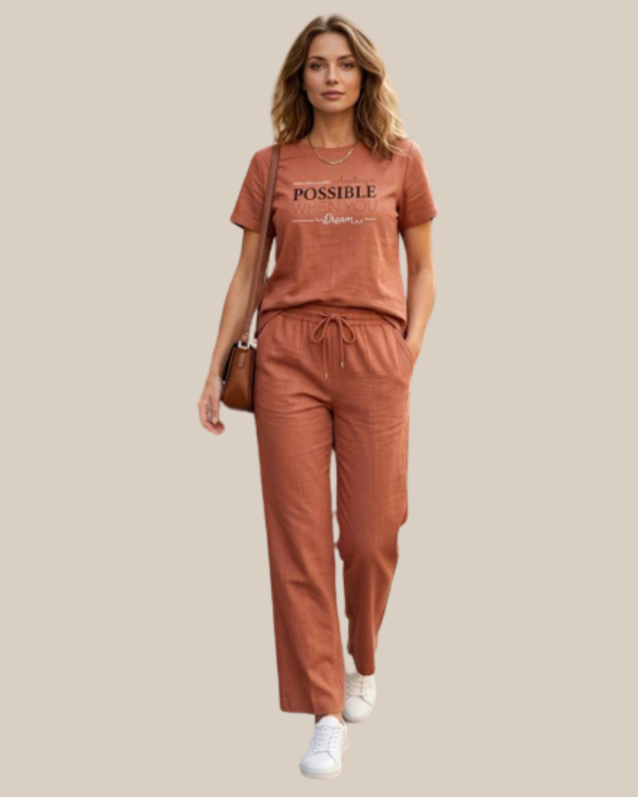 Lango Mocha Co-ord Set — Printed Tee & Drawstring Pants — 2-piece set — S to XXL