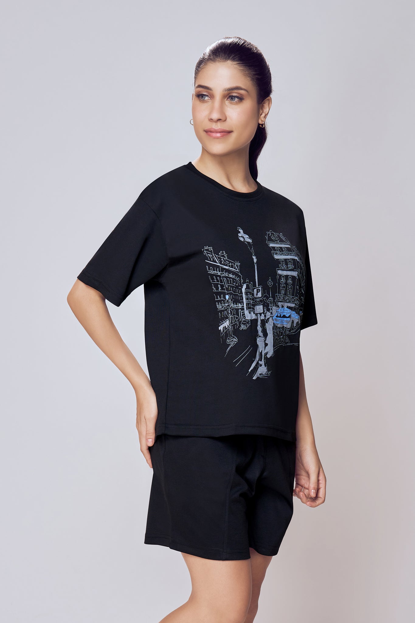 Matching Cotton T-Shirt Daily Co-ord Set Women Black – Lango